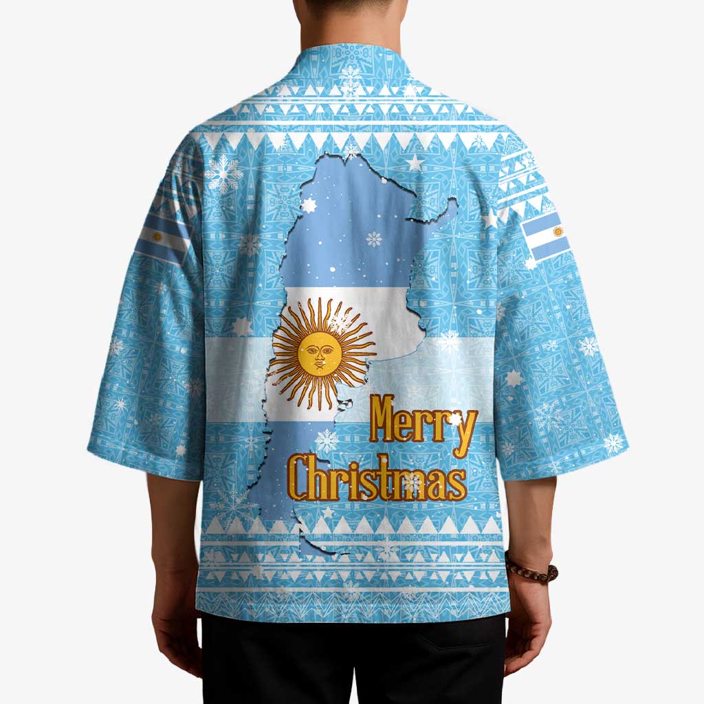 Argentina Christmas Kimono with Blue-White Snowflake Pattern, Sun Emblem, and Map Motif - Wonder Print Shop