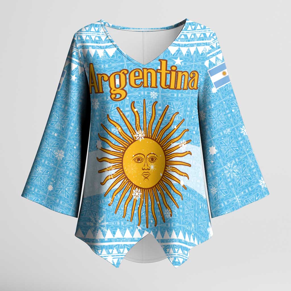 Argentina Christmas Kimono Sleeve Blouse with Blue-White Snowflake Pattern, Sun Emblem, and Map Motif - Wonder Print Shop