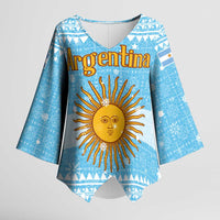 Argentina Christmas Kimono Sleeve Blouse with Blue-White Snowflake Pattern, Sun Emblem, and Map Motif - Wonder Print Shop