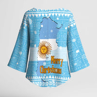 Argentina Christmas Kimono Sleeve Blouse with Blue-White Snowflake Pattern, Sun Emblem, and Map Motif - Wonder Print Shop