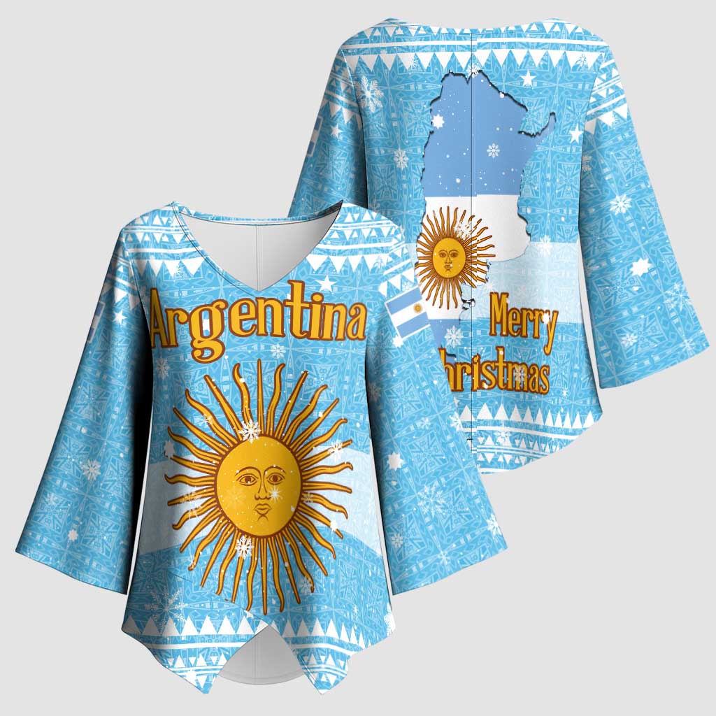 Argentina Christmas Kimono Sleeve Blouse with Blue-White Snowflake Pattern, Sun Emblem, and Map Motif - Wonder Print Shop