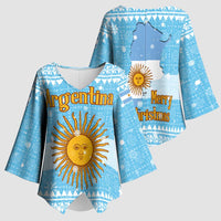 Argentina Christmas Kimono Sleeve Blouse with Blue-White Snowflake Pattern, Sun Emblem, and Map Motif - Wonder Print Shop