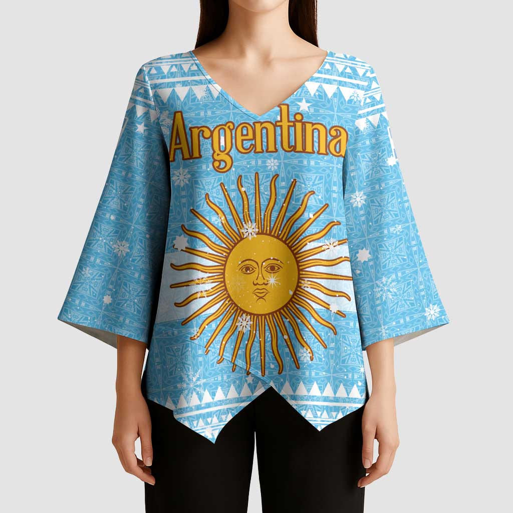 Argentina Christmas Kimono Sleeve Blouse with Blue-White Snowflake Pattern, Sun Emblem, and Map Motif - Wonder Print Shop