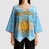 Argentina Christmas Kimono Sleeve Blouse with Blue-White Snowflake Pattern, Sun Emblem, and Map Motif - Wonder Print Shop