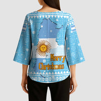 Argentina Christmas Kimono Sleeve Blouse with Blue-White Snowflake Pattern, Sun Emblem, and Map Motif - Wonder Print Shop