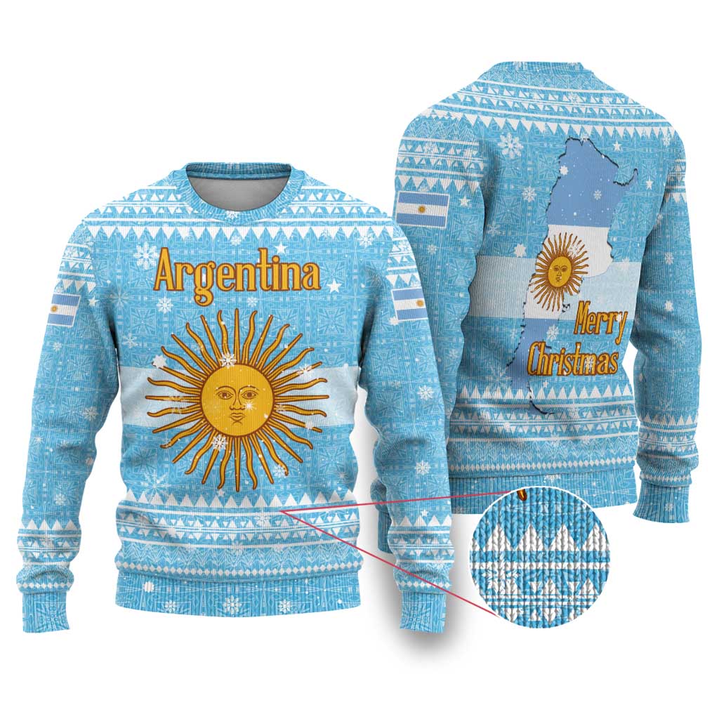 Argentina Christmas Ugly Christmas Sweater with Blue-White Snowflake Pattern, Sun Emblem, and Map Motif - Wonder Print Shop