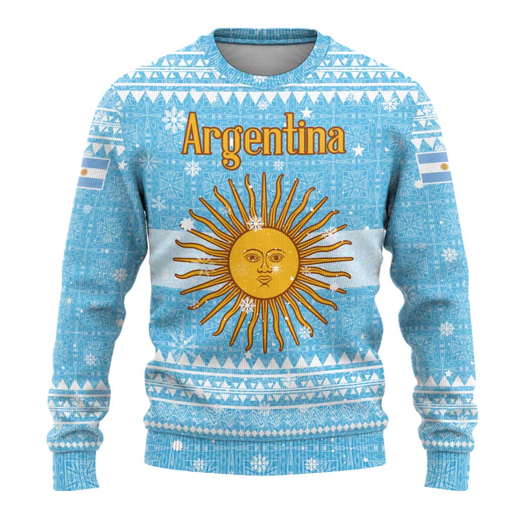 Argentina Christmas Ugly Christmas Sweater with Blue-White Snowflake Pattern, Sun Emblem, and Map Motif - Wonder Print Shop