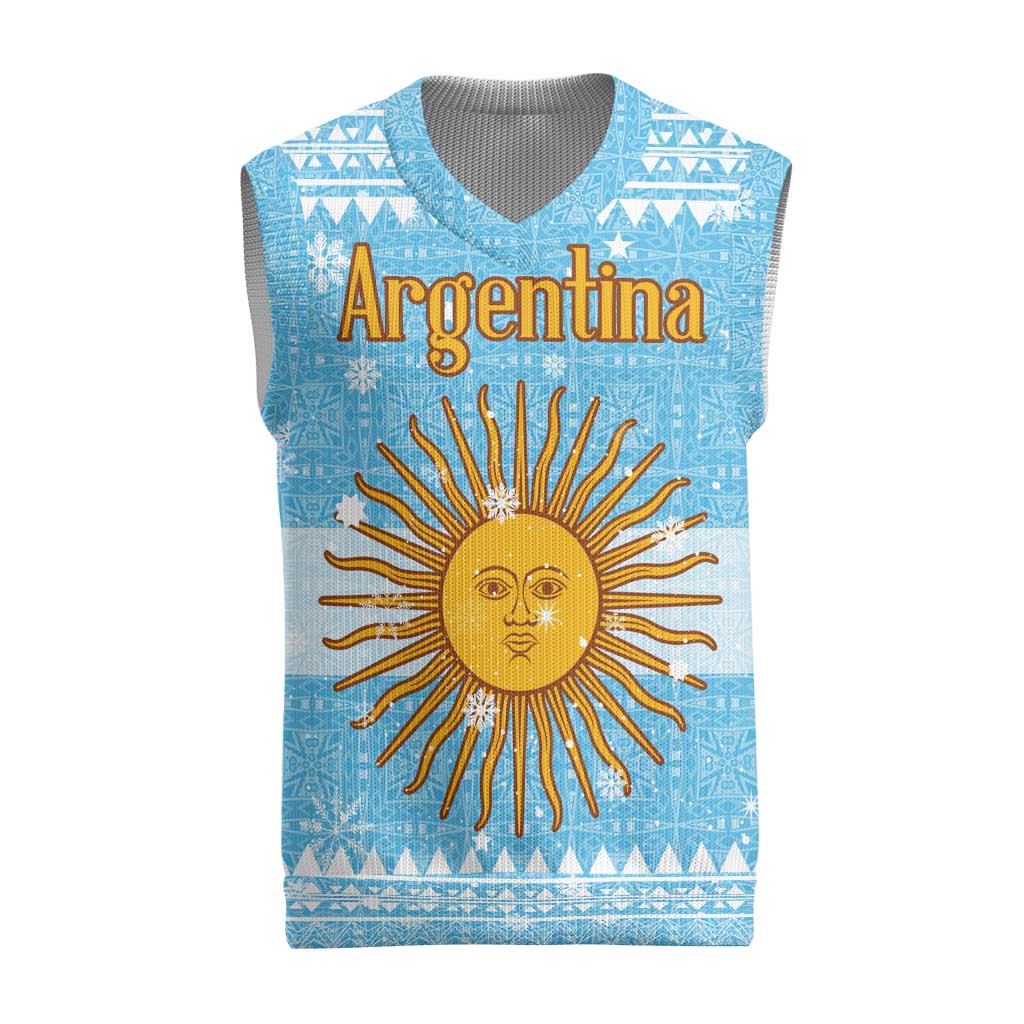 Argentina Christmas Knitted V-Neck Vest with Blue-White Snowflake Pattern, Sun Emblem, and Map Motif - Wonder Print Shop