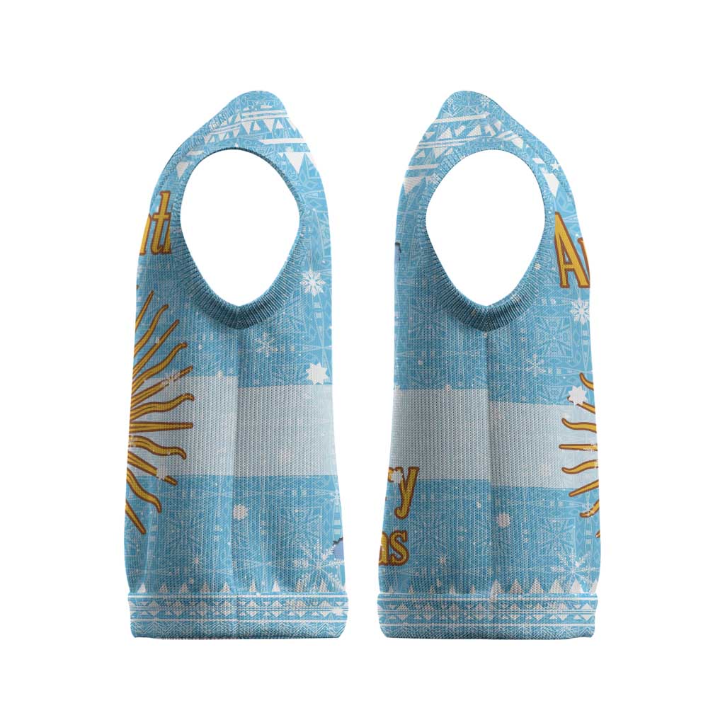 Argentina Christmas Knitted V-Neck Vest with Blue-White Snowflake Pattern, Sun Emblem, and Map Motif - Wonder Print Shop