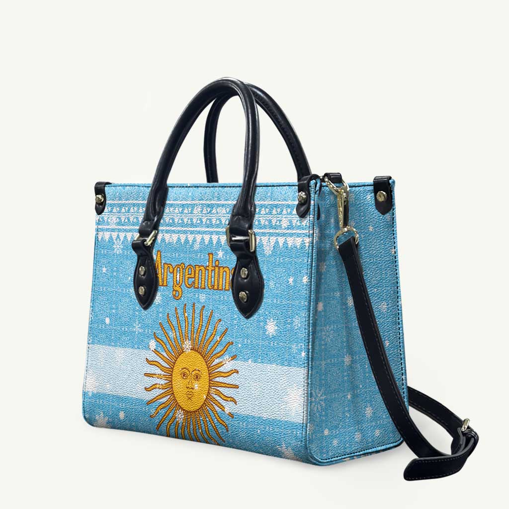 Argentina Christmas Leather Bag with Blue-White Snowflake Pattern, Sun Emblem, and Map Motif - Wonder Print Shop