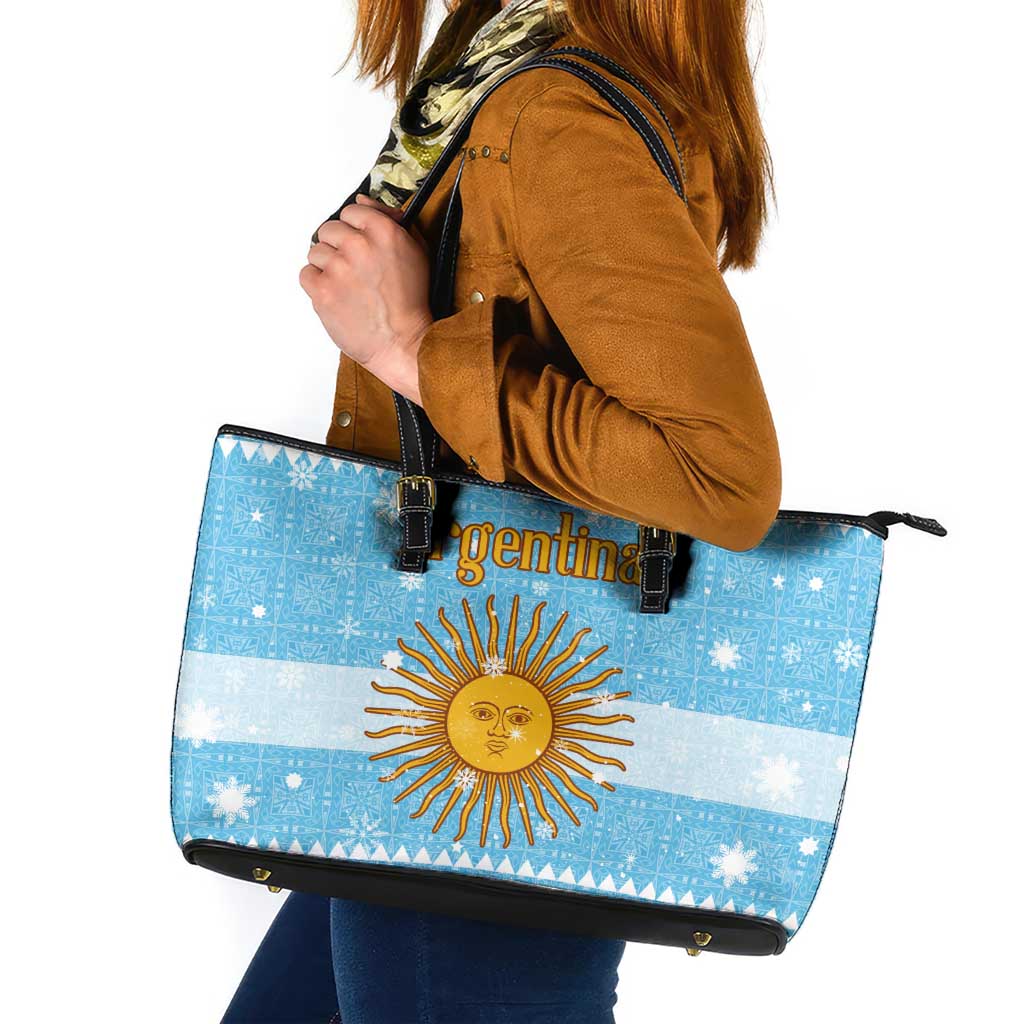 Argentina Christmas Leather Tote Bag with Blue-White Snowflake Pattern, Sun Emblem, and Map Motif - Wonder Print Shop
