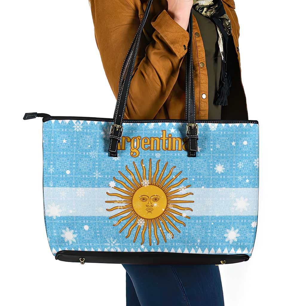 Argentina Christmas Leather Tote Bag with Blue-White Snowflake Pattern, Sun Emblem, and Map Motif - Wonder Print Shop