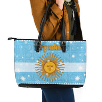 Argentina Christmas Leather Tote Bag with Blue-White Snowflake Pattern, Sun Emblem, and Map Motif - Wonder Print Shop