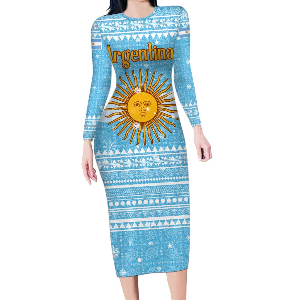 Argentina Christmas Long Sleeve Bodycon Dress with Blue-White Snowflake Pattern, Sun Emblem, and Map Motif - Wonder Print Shop