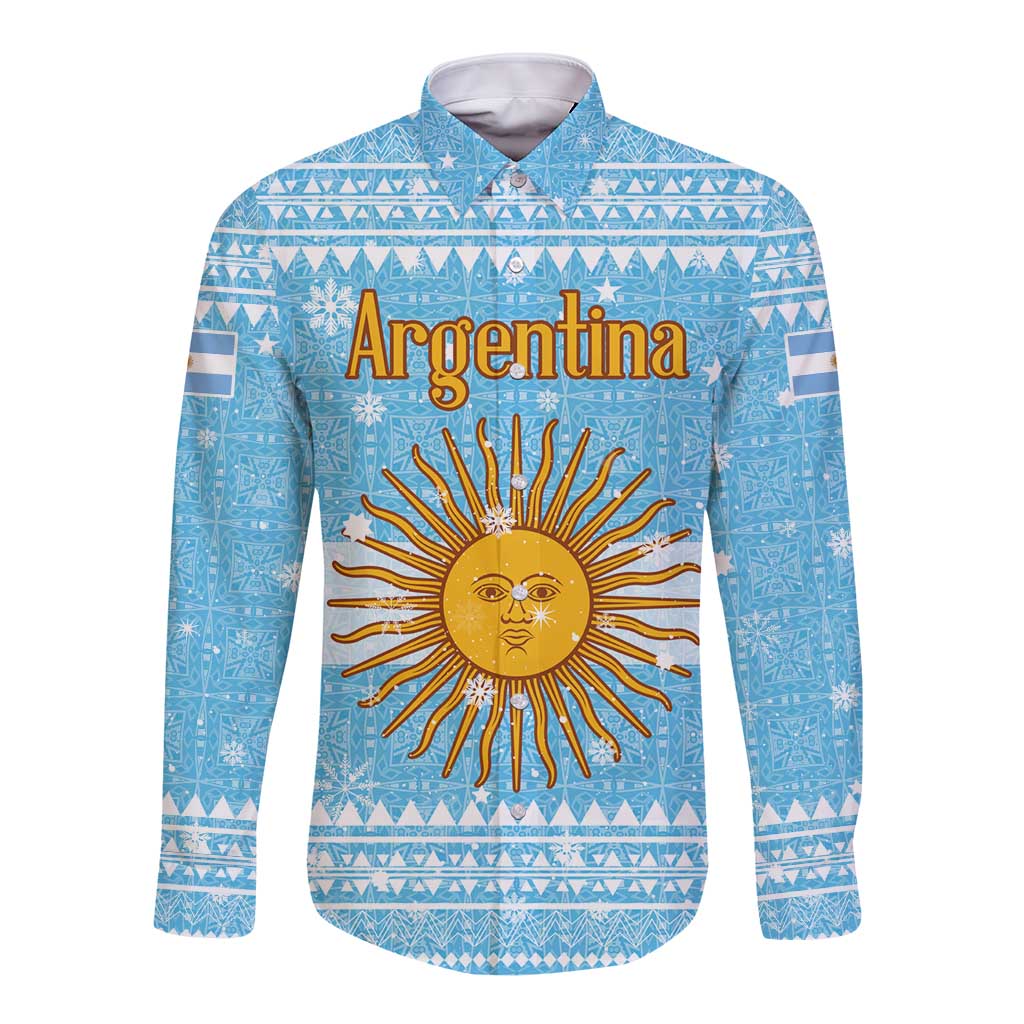 Argentina Christmas Long Sleeve Button Shirt with Blue-White Snowflake Pattern, Sun Emblem, and Map Motif - Wonder Print Shop