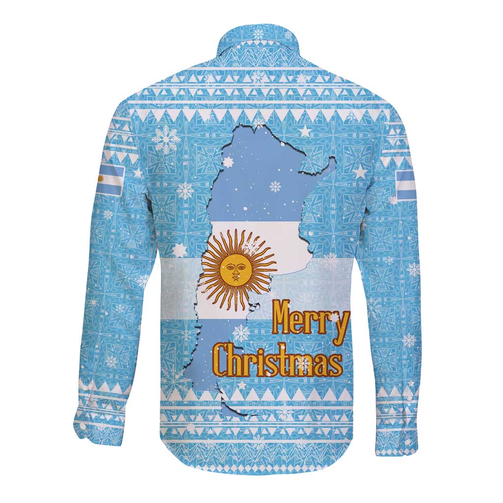 Argentina Christmas Long Sleeve Button Shirt with Blue-White Snowflake Pattern, Sun Emblem, and Map Motif - Wonder Print Shop