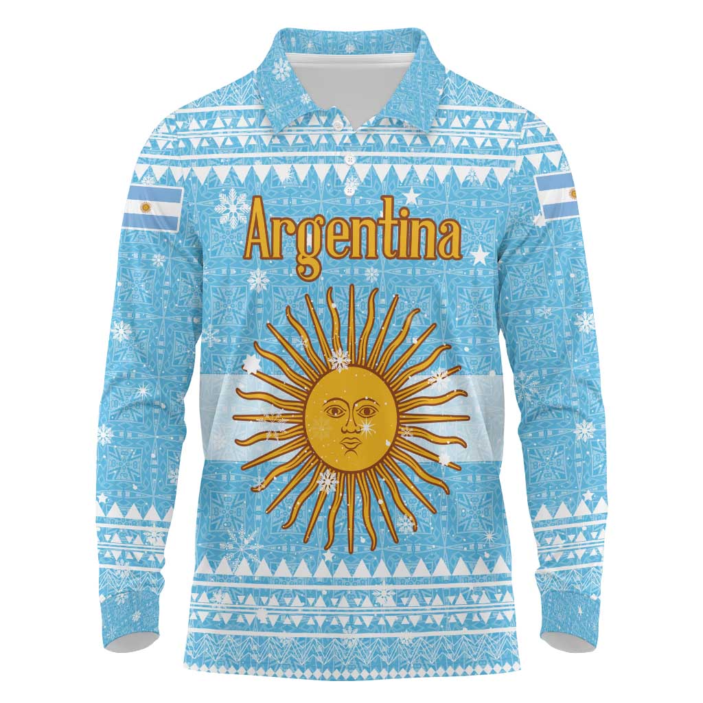 Argentina Christmas Long Sleeve Polo Shirt with Blue-White Snowflake Pattern, Sun Emblem, and Map Motif - Wonder Print Shop