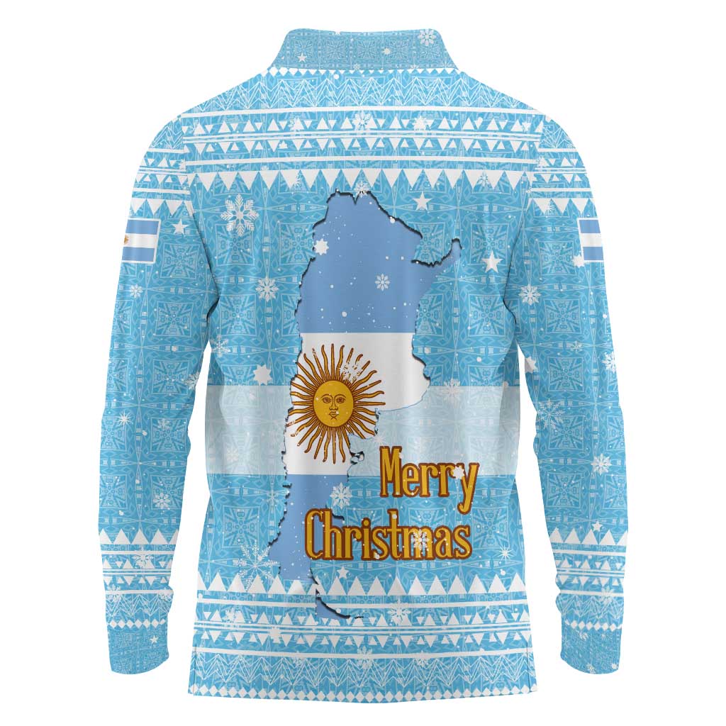 Argentina Christmas Long Sleeve Polo Shirt with Blue-White Snowflake Pattern, Sun Emblem, and Map Motif - Wonder Print Shop