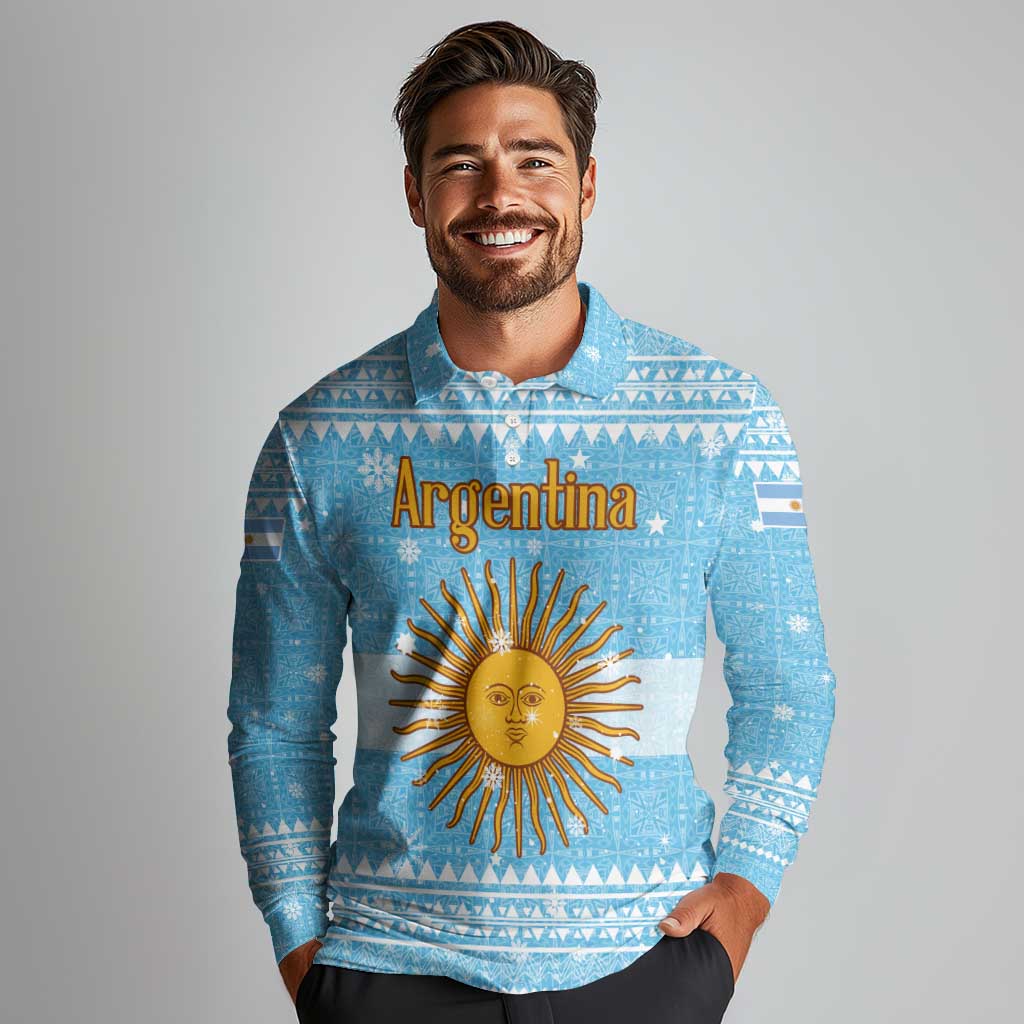 Argentina Christmas Long Sleeve Polo Shirt with Blue-White Snowflake Pattern, Sun Emblem, and Map Motif - Wonder Print Shop