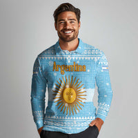 Argentina Christmas Long Sleeve Polo Shirt with Blue-White Snowflake Pattern, Sun Emblem, and Map Motif - Wonder Print Shop