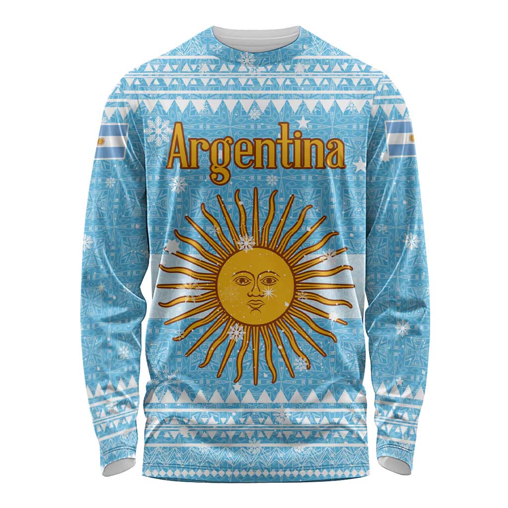 Argentina Christmas Long Sleeve Shirt with Blue-White Snowflake Pattern, Sun Emblem, and Map Motif - Wonder Print Shop