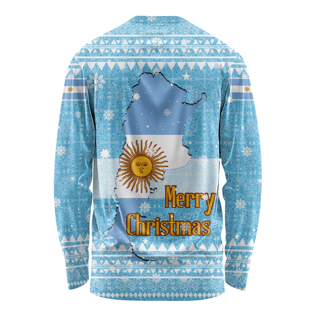 Argentina Christmas Long Sleeve Shirt with Blue-White Snowflake Pattern, Sun Emblem, and Map Motif - Wonder Print Shop