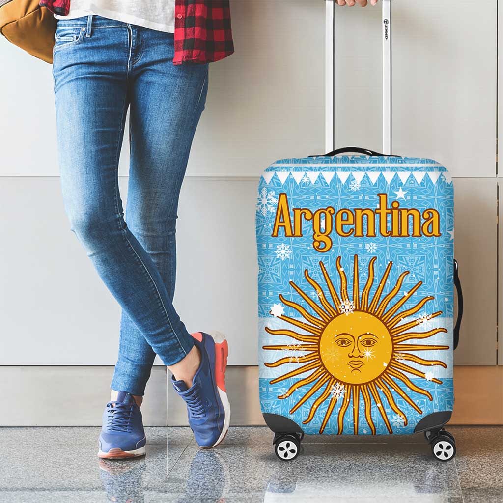 Argentina Christmas Luggage Cover with Blue-White Snowflake Pattern, Sun Emblem, and Map Motif - Wonder Print Shop