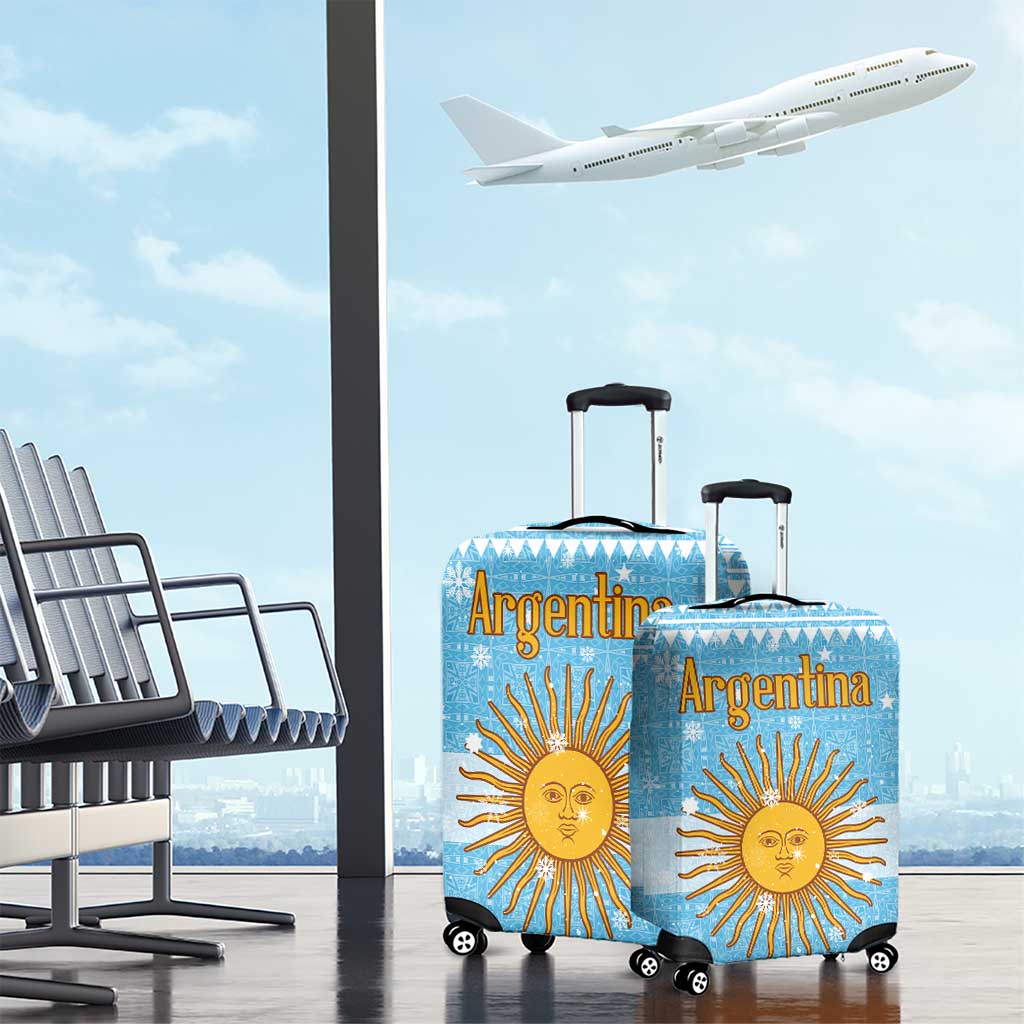 Argentina Christmas Luggage Cover with Blue-White Snowflake Pattern, Sun Emblem, and Map Motif - Wonder Print Shop