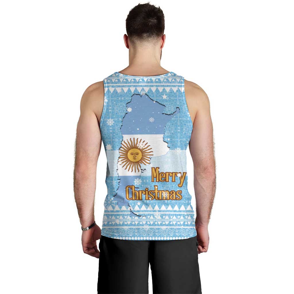 Argentina Christmas Men Tank Top with Blue-White Snowflake Pattern, Sun Emblem, and Map Motif - Wonder Print Shop