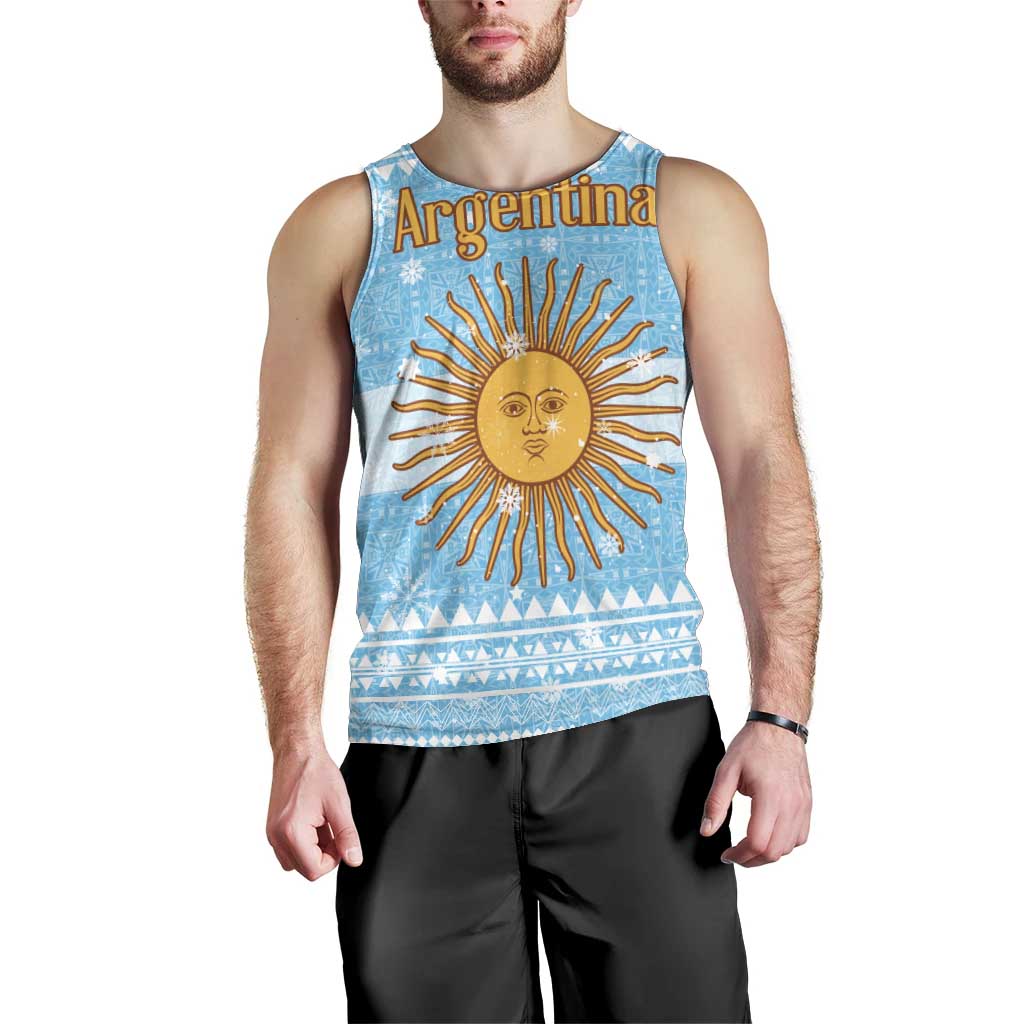 Argentina Christmas Men Tank Top with Blue-White Snowflake Pattern, Sun Emblem, and Map Motif - Wonder Print Shop