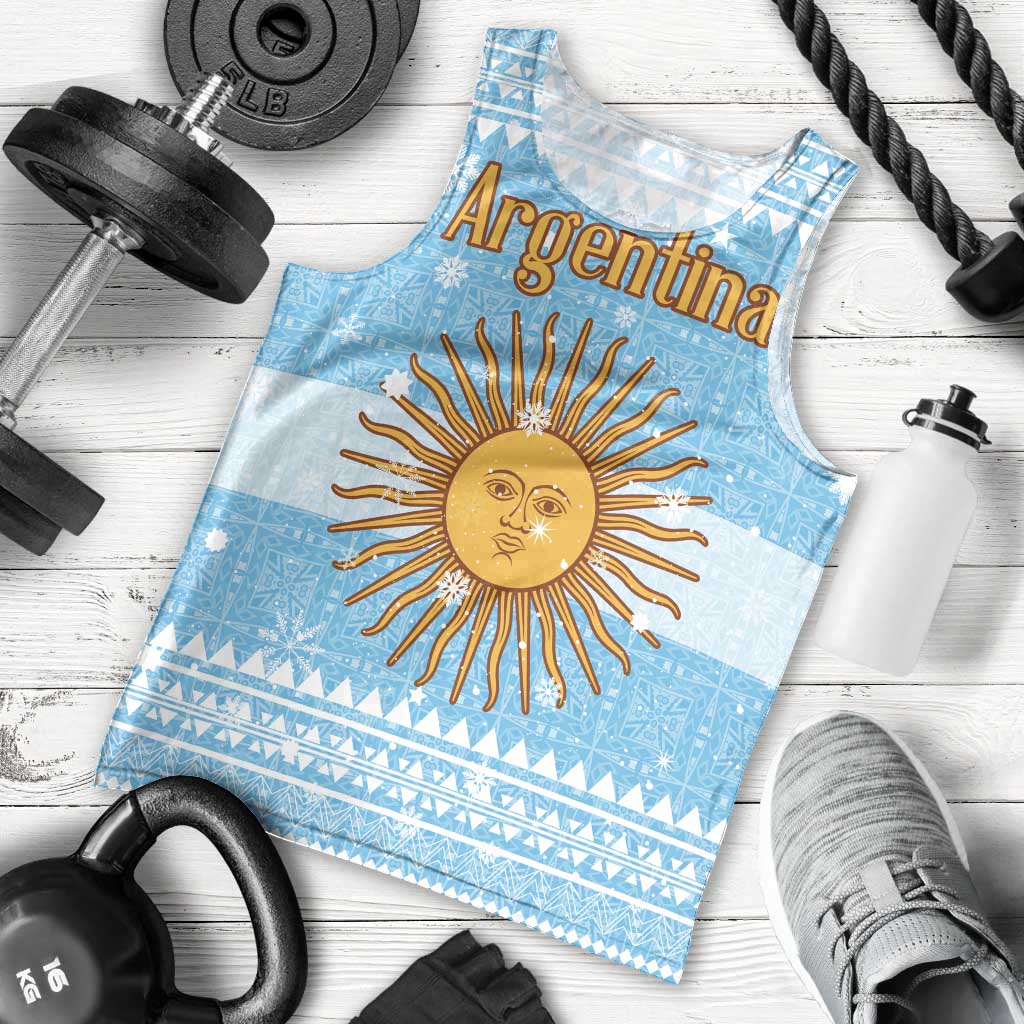 Argentina Christmas Men Tank Top with Blue-White Snowflake Pattern, Sun Emblem, and Map Motif - Wonder Print Shop