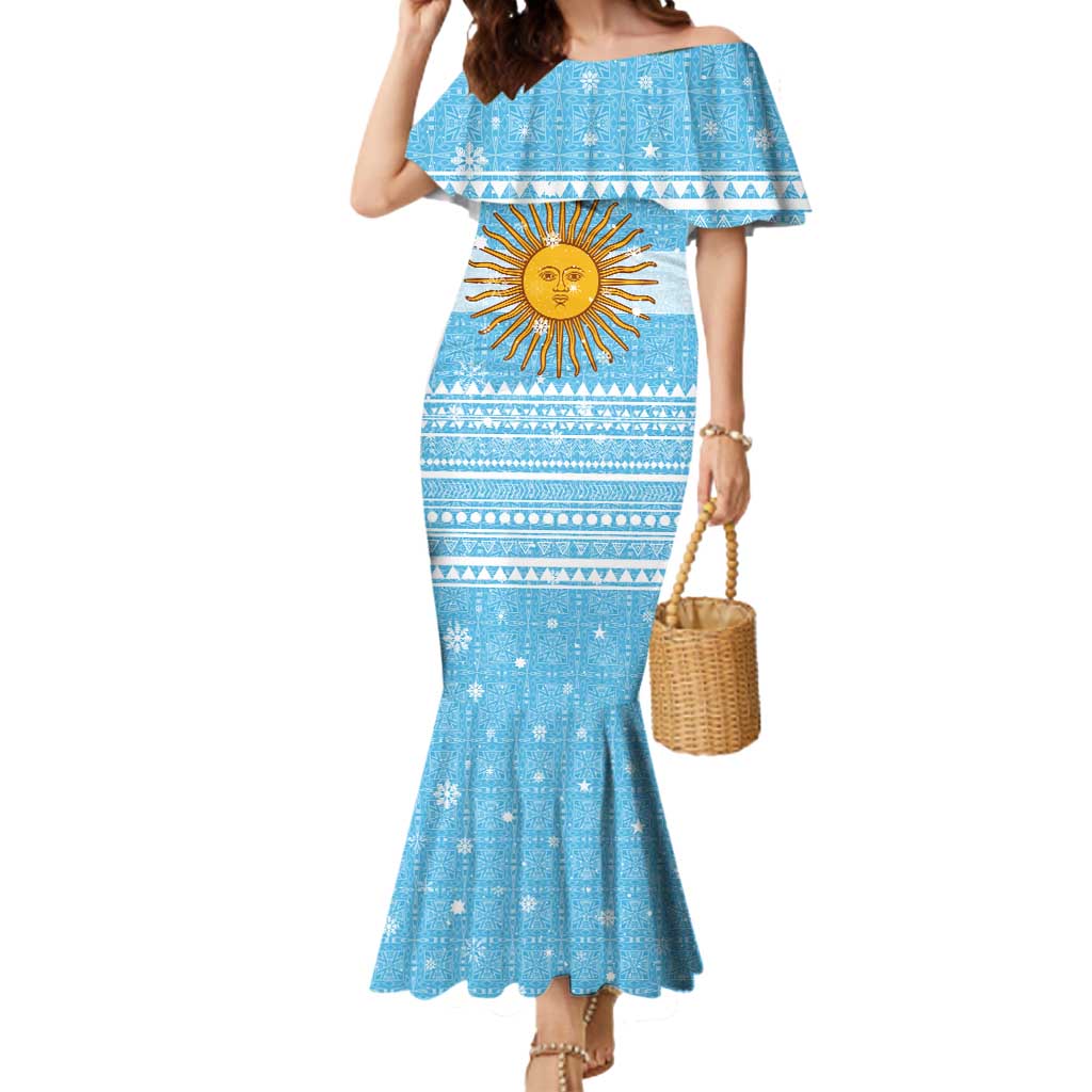 Argentina Christmas Mermaid Dress with Blue-White Snowflake Pattern, Sun Emblem, and Map Motif - Wonder Print Shop