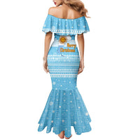 Argentina Christmas Mermaid Dress with Blue-White Snowflake Pattern, Sun Emblem, and Map Motif - Wonder Print Shop