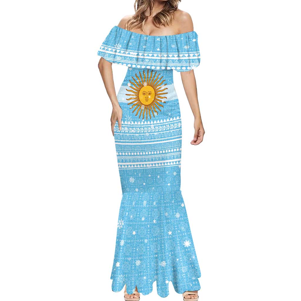 Argentina Christmas Mermaid Dress with Blue-White Snowflake Pattern, Sun Emblem, and Map Motif - Wonder Print Shop