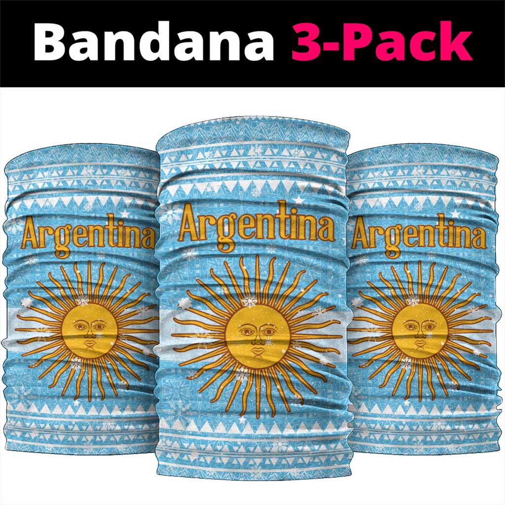 Argentina Christmas Neck Gaiter with Blue-White Snowflake Pattern, Sun Emblem, and Map Motif - Wonder Print Shop