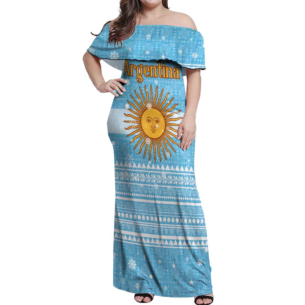 Argentina Christmas Off Shoulder Maxi Dress with Blue-White Snowflake Pattern, Sun Emblem, and Map Motif - Wonder Print Shop