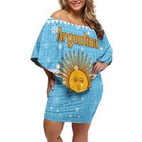 Argentina Christmas Off Shoulder Short Dress with Blue-White Snowflake Pattern, Sun Emblem, and Map Motif - Wonder Print Shop