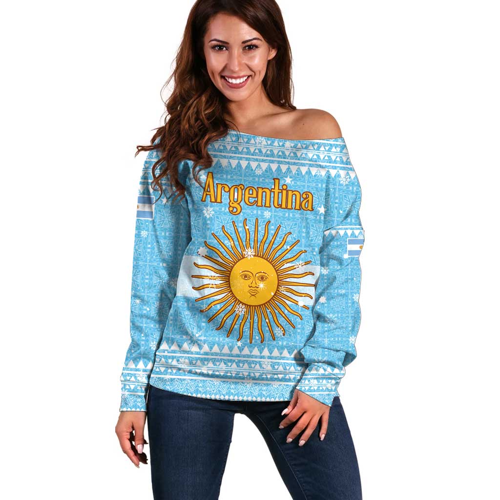 Argentina Christmas Off Shoulder Sweater with Blue-White Snowflake Pattern, Sun Emblem, and Map Motif - Wonder Print Shop