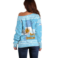 Argentina Christmas Off Shoulder Sweater with Blue-White Snowflake Pattern, Sun Emblem, and Map Motif - Wonder Print Shop