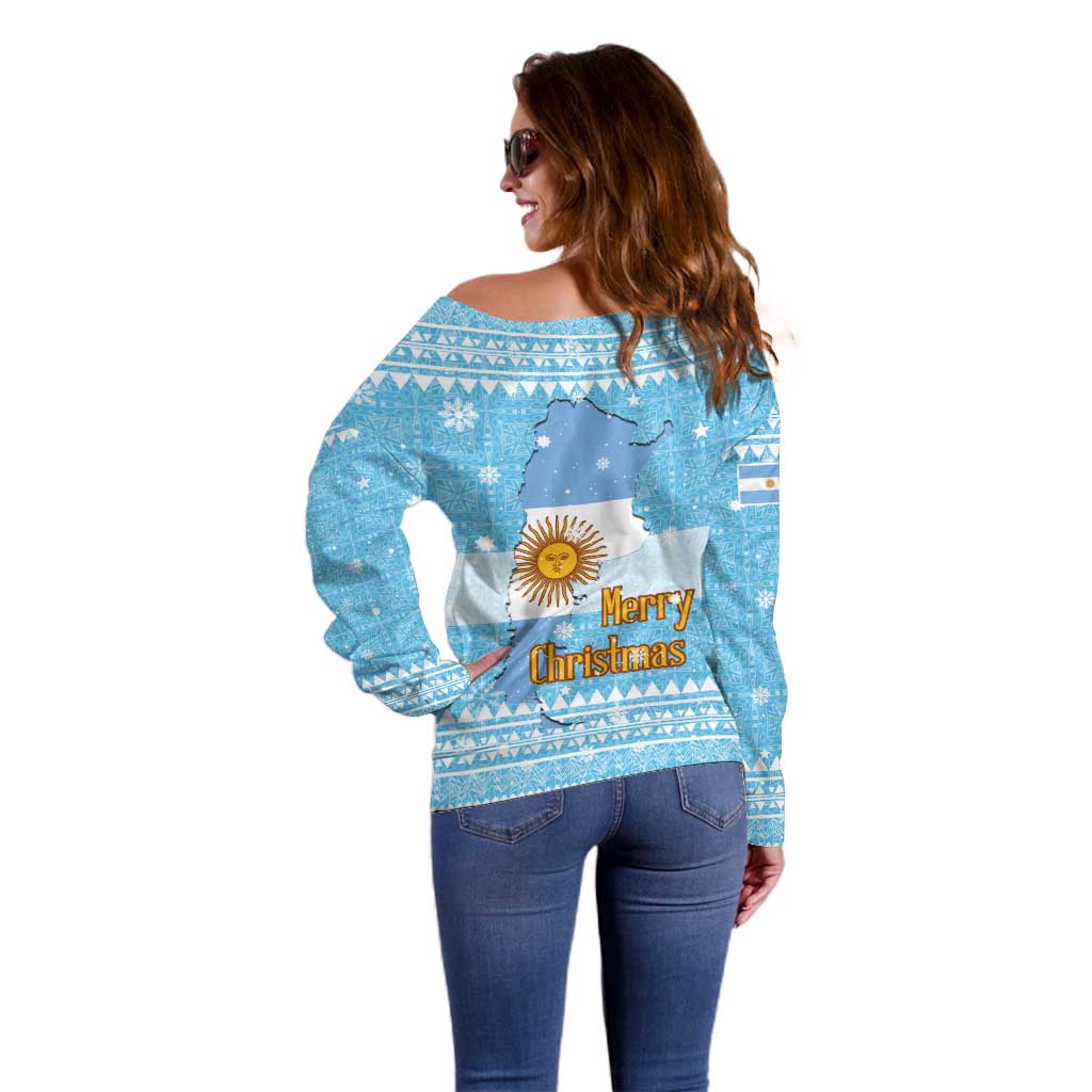 Argentina Christmas Off Shoulder Sweater with Blue-White Snowflake Pattern, Sun Emblem, and Map Motif - Wonder Print Shop