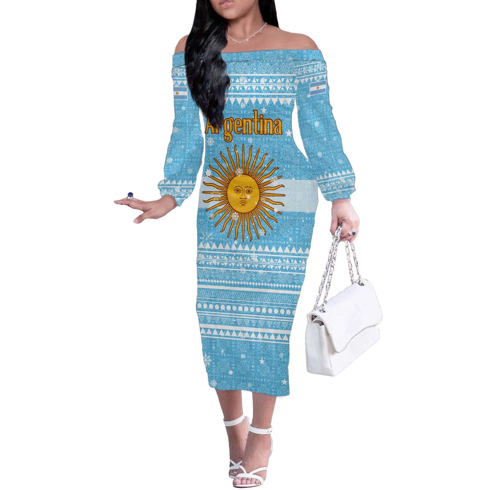 Argentina Christmas Off The Shoulder Long Sleeve Dress with Blue-White Snowflake Pattern, Sun Emblem, and Map Motif - Wonder Print Shop