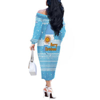 Argentina Christmas Off The Shoulder Long Sleeve Dress with Blue-White Snowflake Pattern, Sun Emblem, and Map Motif - Wonder Print Shop