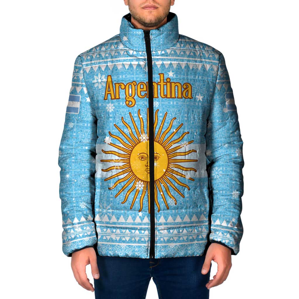 Argentina Christmas Padded Jacket with Blue-White Snowflake Pattern, Sun Emblem, and Map Motif - Wonder Print Shop
