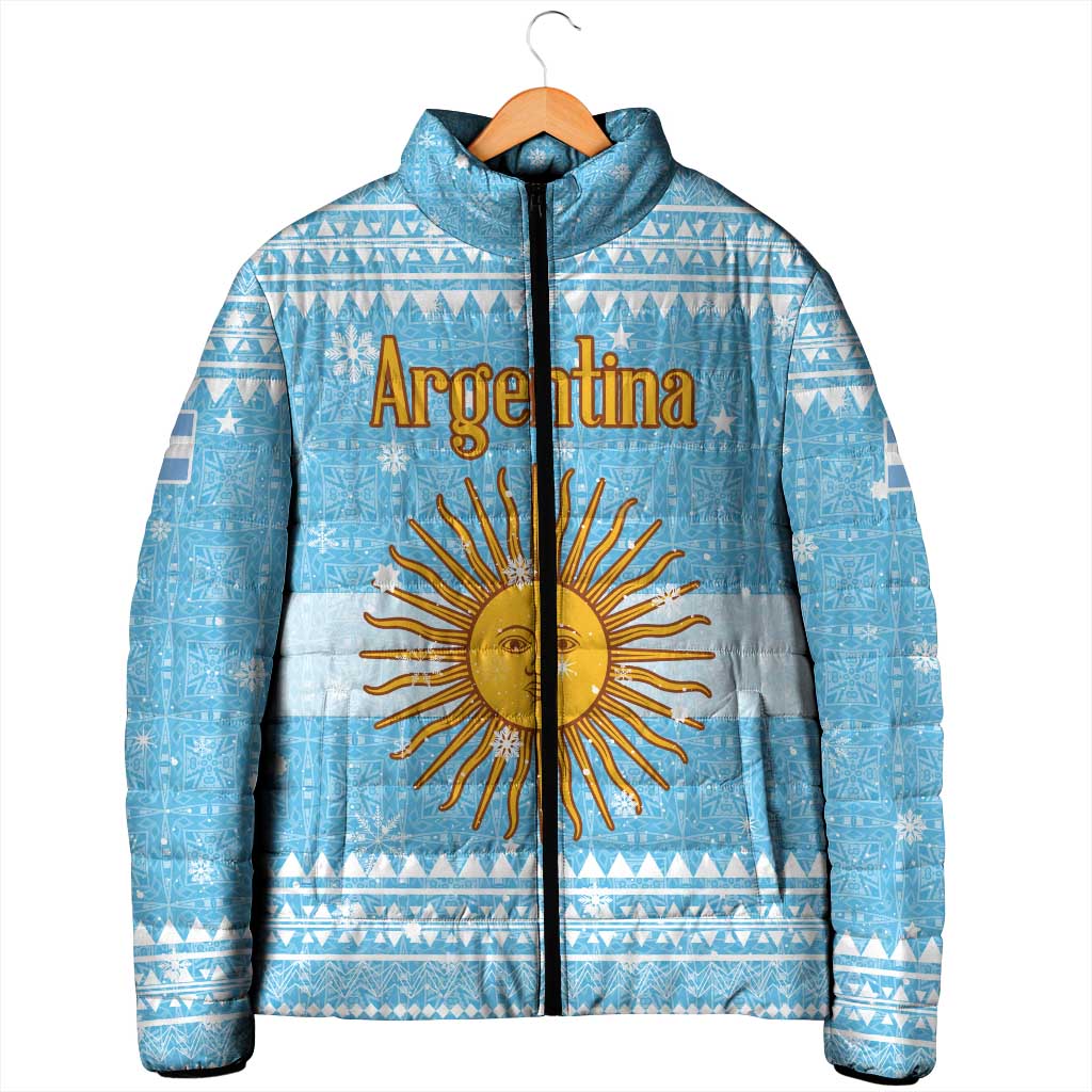 Argentina Christmas Padded Jacket with Blue-White Snowflake Pattern, Sun Emblem, and Map Motif - Wonder Print Shop