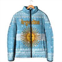 Argentina Christmas Padded Jacket with Blue-White Snowflake Pattern, Sun Emblem, and Map Motif - Wonder Print Shop