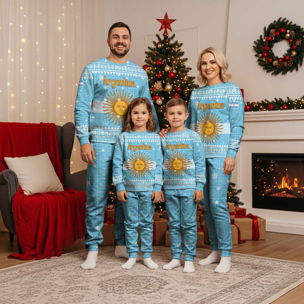 Argentina Christmas Pajama Set with Blue-White Snowflake Pattern, Sun Emblem, and Map Motif - Wonder Print Shop