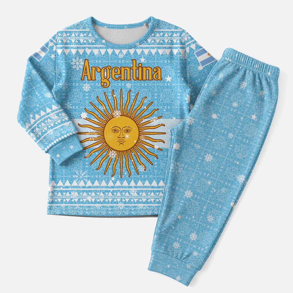 Argentina Christmas Pajama Set with Blue-White Snowflake Pattern, Sun Emblem, and Map Motif - Wonder Print Shop