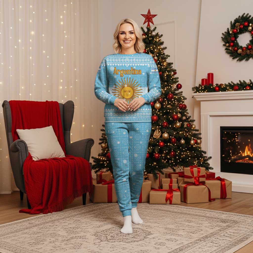 Argentina Christmas Pajama Set with Blue-White Snowflake Pattern, Sun Emblem, and Map Motif - Wonder Print Shop