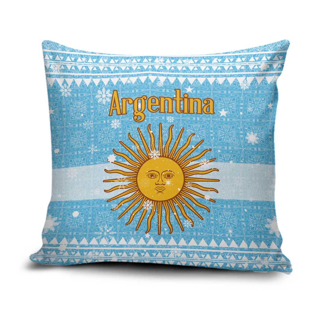 Argentina Christmas Pillow Cover with Blue-White Snowflake Pattern, Sun Emblem, and Map Motif - Wonder Print Shop
