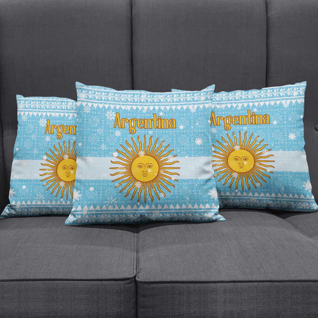 Argentina Christmas Pillow Cover with Blue-White Snowflake Pattern, Sun Emblem, and Map Motif - Wonder Print Shop